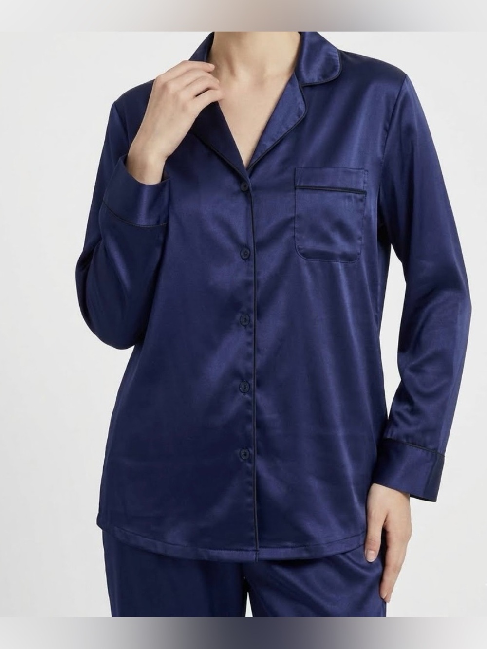Journelle Luxury Silk Pajama Top Navy Blue Long Sleeve Button Up Sleep Shirt‎ S